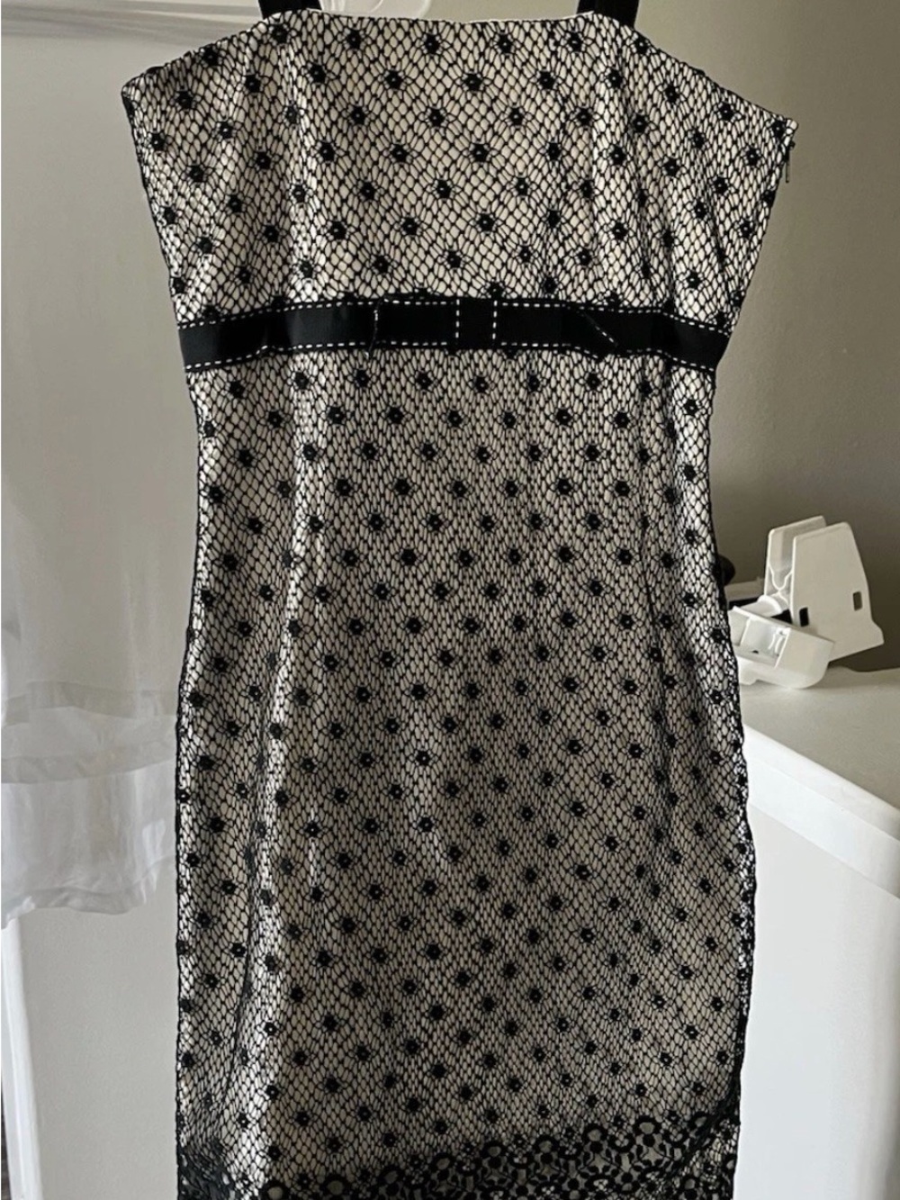 Strapless Black and White Lace Sheath Dress with Belt Detail